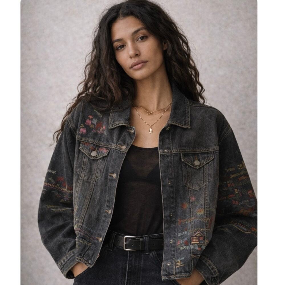 Chico’s Oversized Embroidered Black Denim Jean Jacket